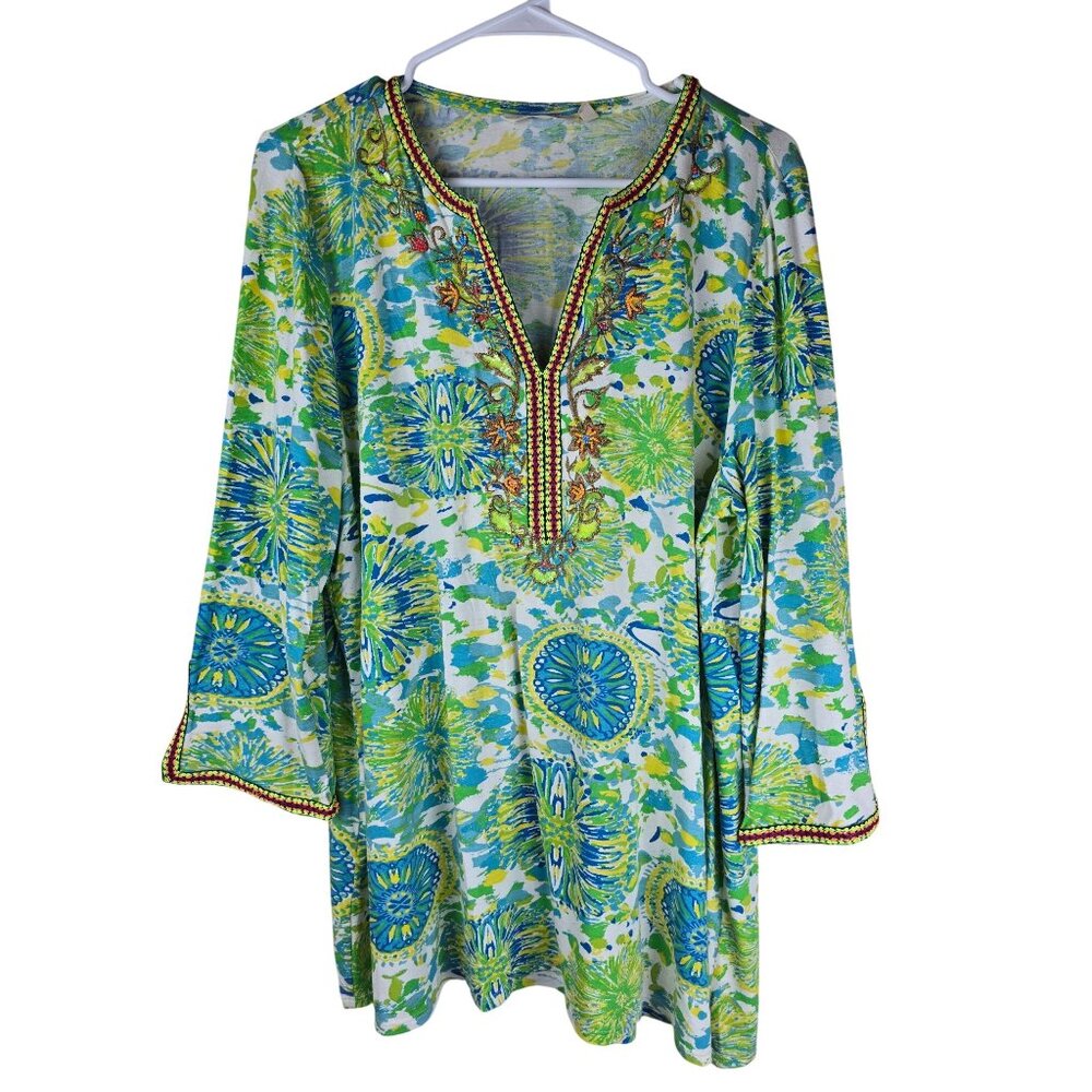 Soft Surroundings Womens Boho Tunic L Green/Blue‎ Floral Print Embroidered Neck